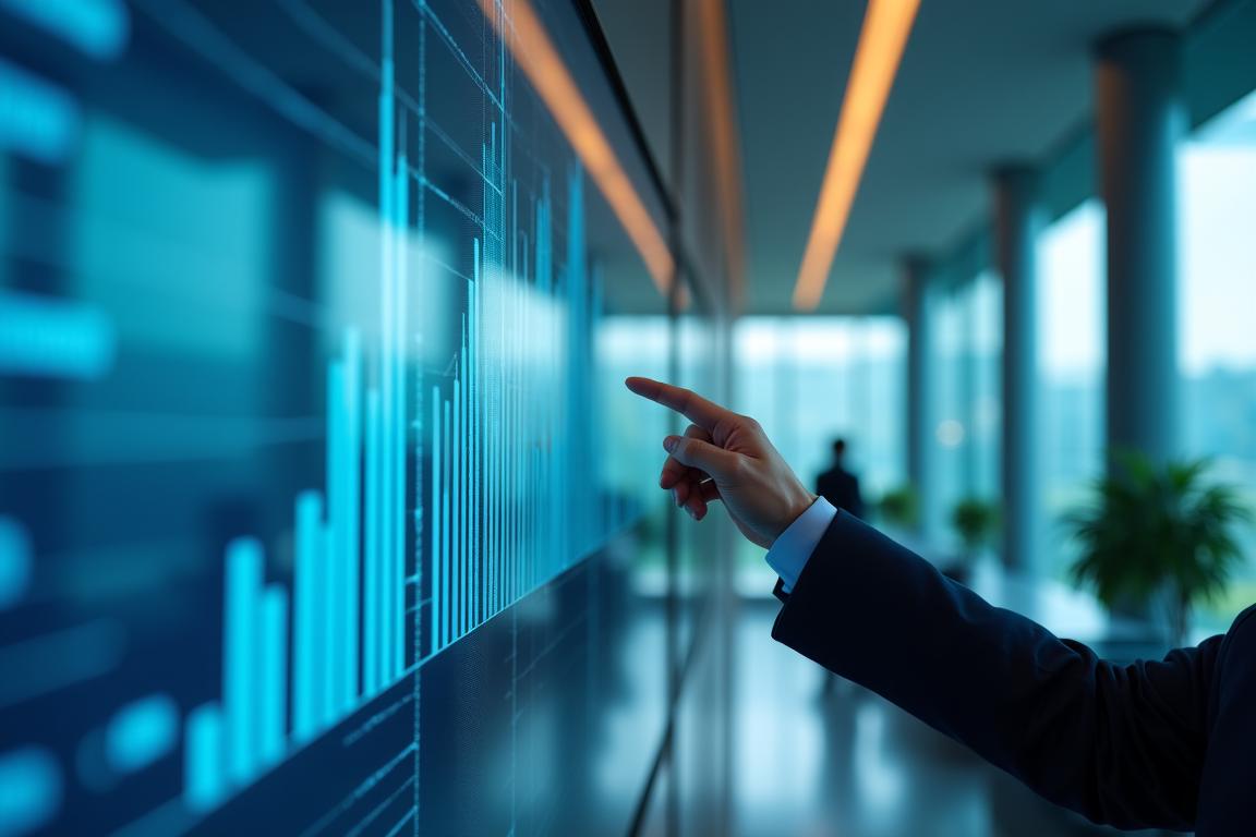 Consultant văzând grafice de creștere întru o sală de fitting de business modernă