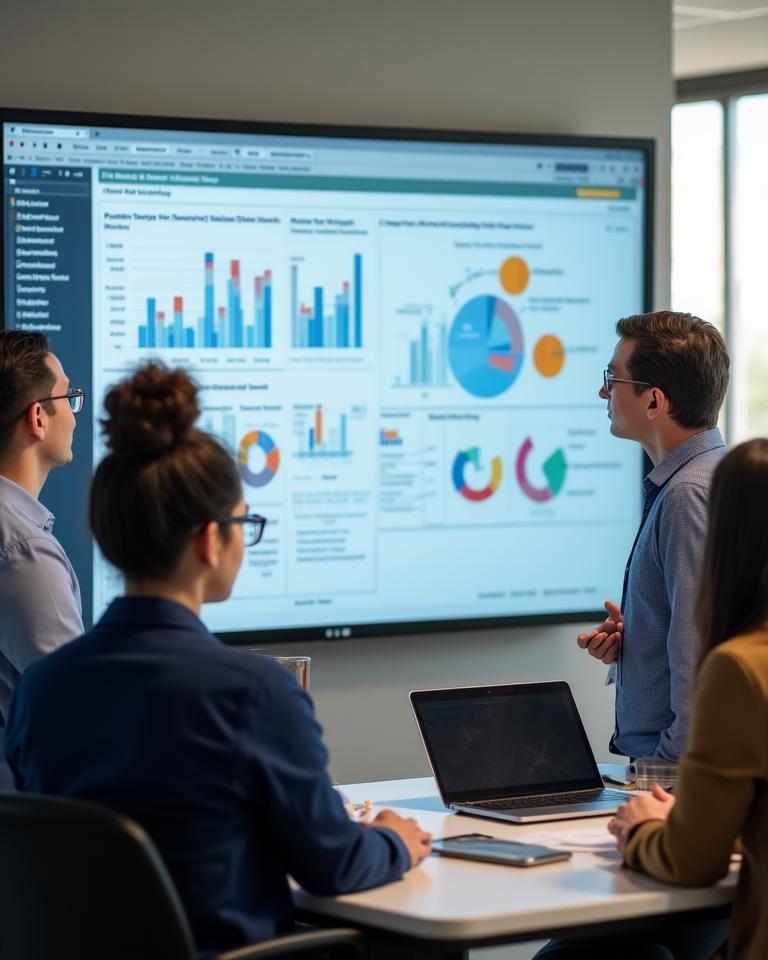 Echipa de consultanți analizând date pe un ecran mare într-un birou modern din București