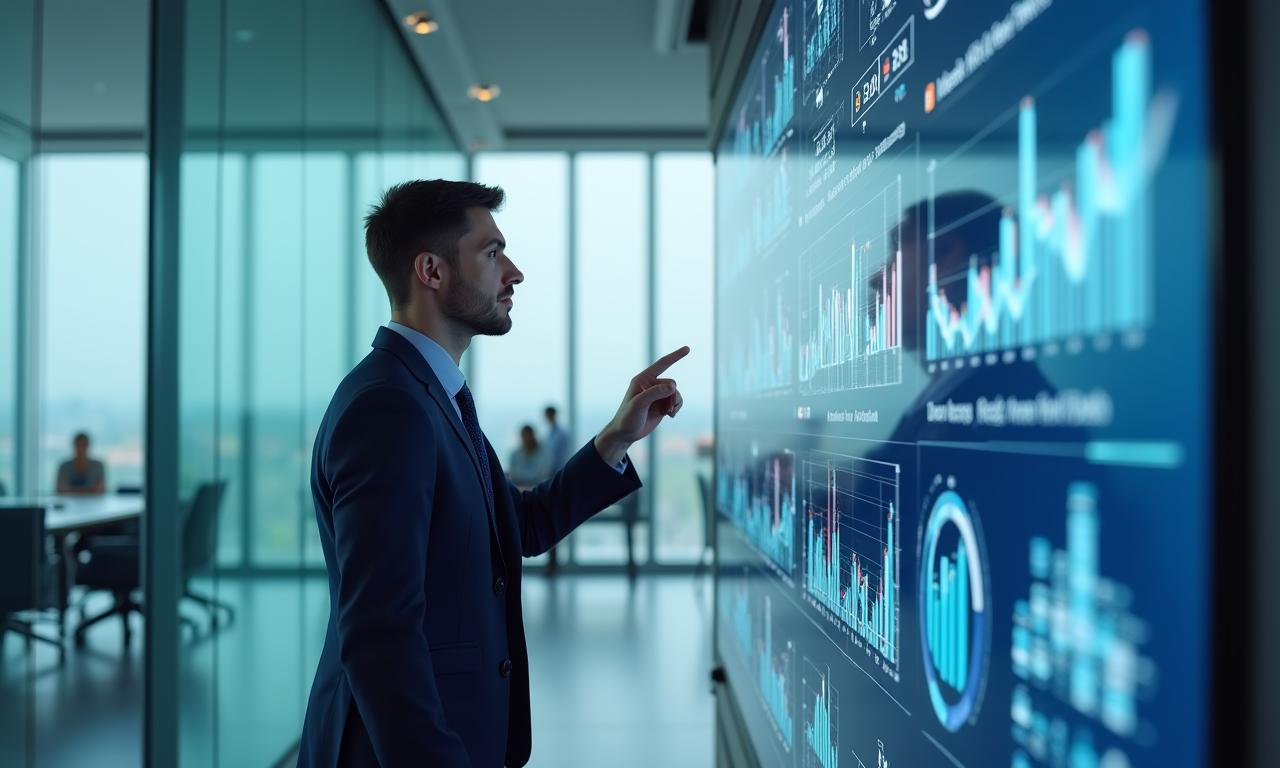 Consultant analizând date pe un ecran mare într-un birou modern